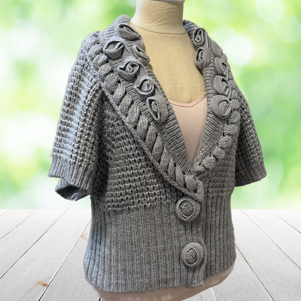 Vintage SIONI Cropped Shrug Cardigan Sweater 3D Rosettes Wool Blend Gray Size M